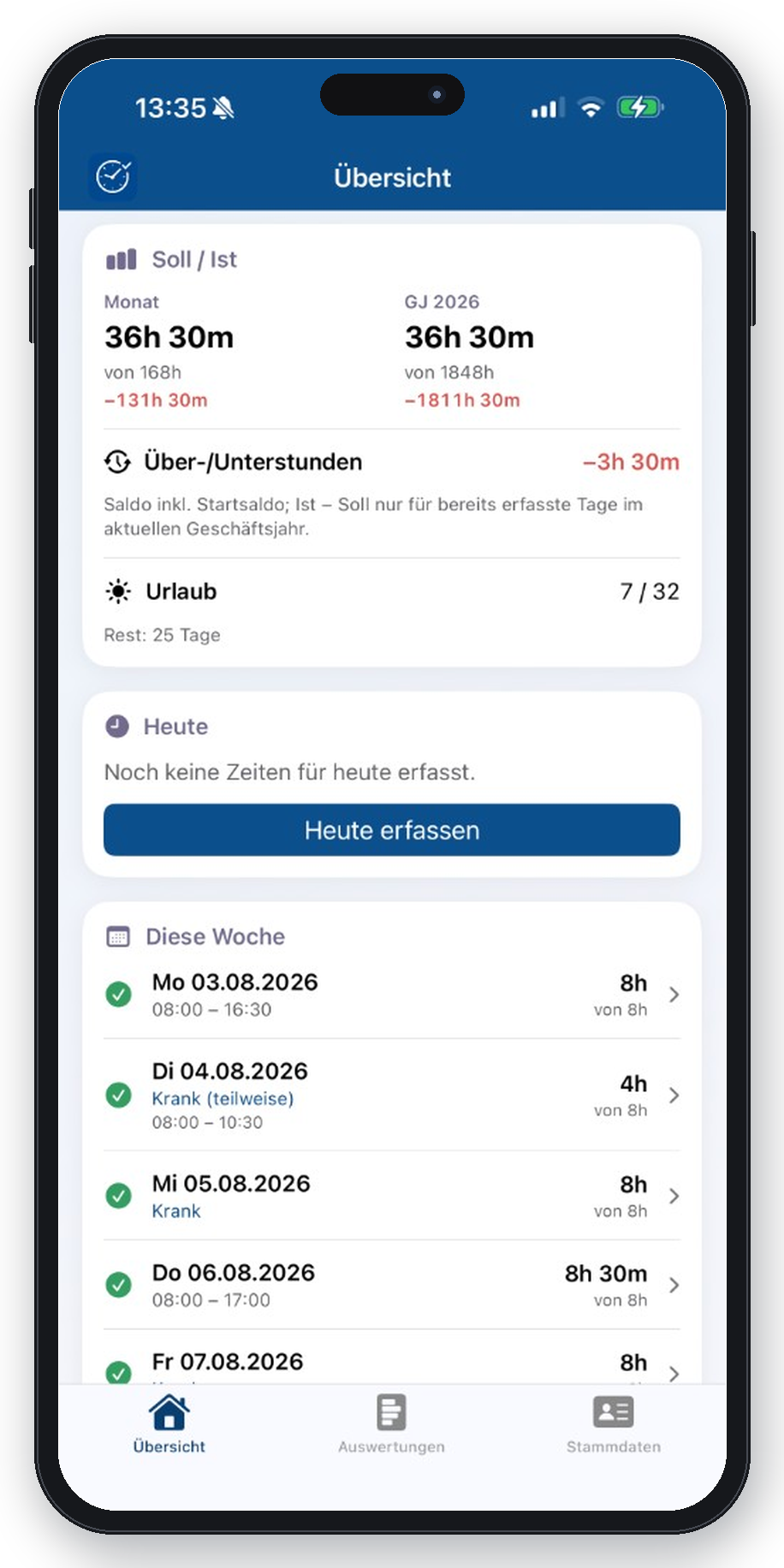Meine Arbeitszeit — Übersicht mit Soll/Ist, Urlaub und Wochenübersicht